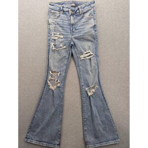 American Eagle Jeans Womens 8 Long Blue Super Hi Rise Flare Distressed Boho